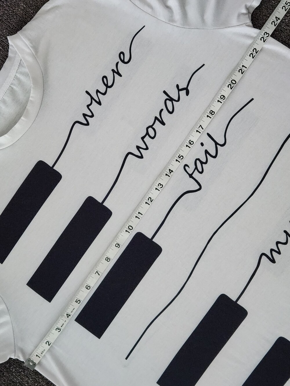 🎼🎹 White/Black "Where Words Fail, Music Speaks" S/S Tee - Picture 8 of 9